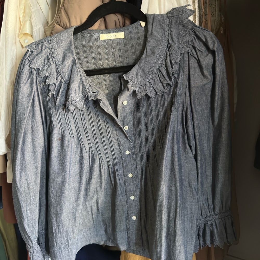Doen Slate Blue Button-Down Ruffled Collar Blouse
